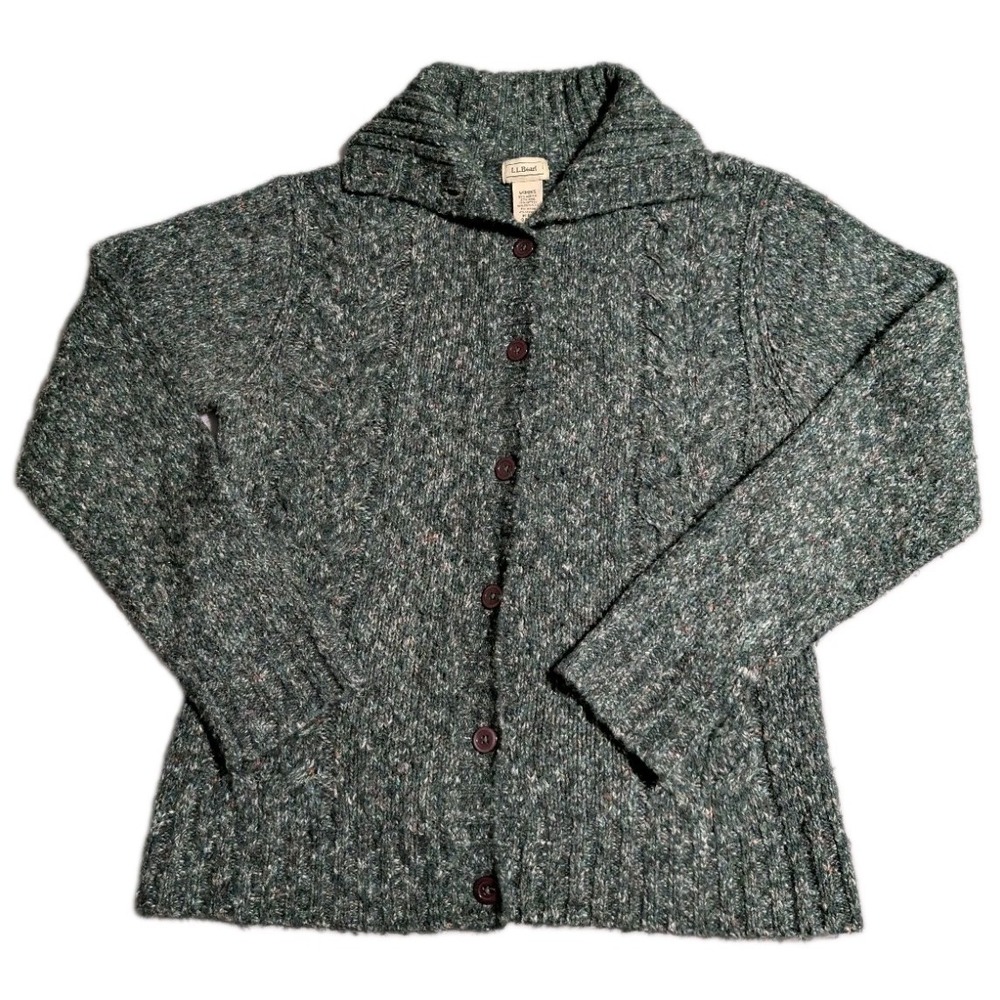 LL Bean Womens Cable Knit Shawl Collar Cardigan Sweater Medium Green Marled